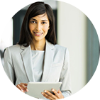 A female office worker holding a tablet